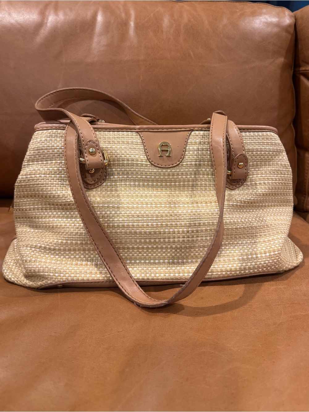 Etienne Aigner Tan Straw Shoulder Bag